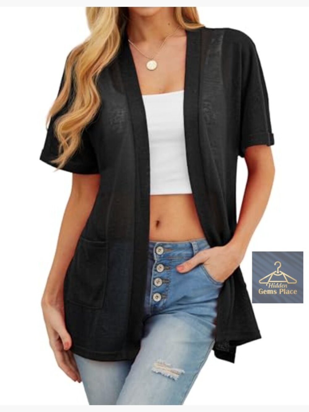 Lightweight Knit Cardigan with Pockets Short Sleeve Sheer Cover Up - Picture 2 of 7